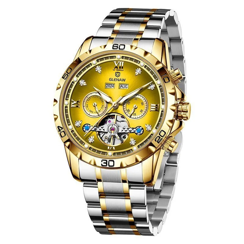 Men's automatic mechanical watch with stainless steel strap and mineral glass in multiple colour options