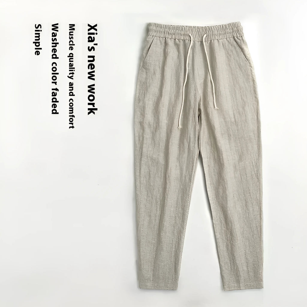 Cotton linen men's summer thin casual cropped pants with striped pattern in khaki colour