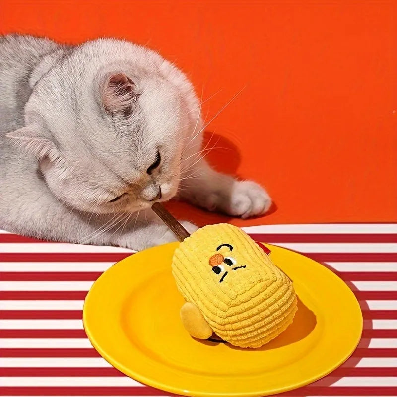 Polio wood corn cob shaped cat toy for dental cleaning with catnip, dimensions 7cm by 6cm by 15cm