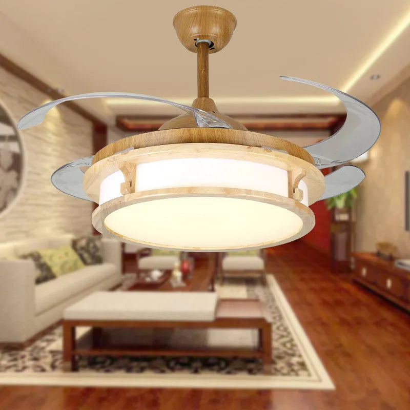 Japanese style invisible silent fan lamp with wood lampshade and ABS blades in beige colour for ceiling installation