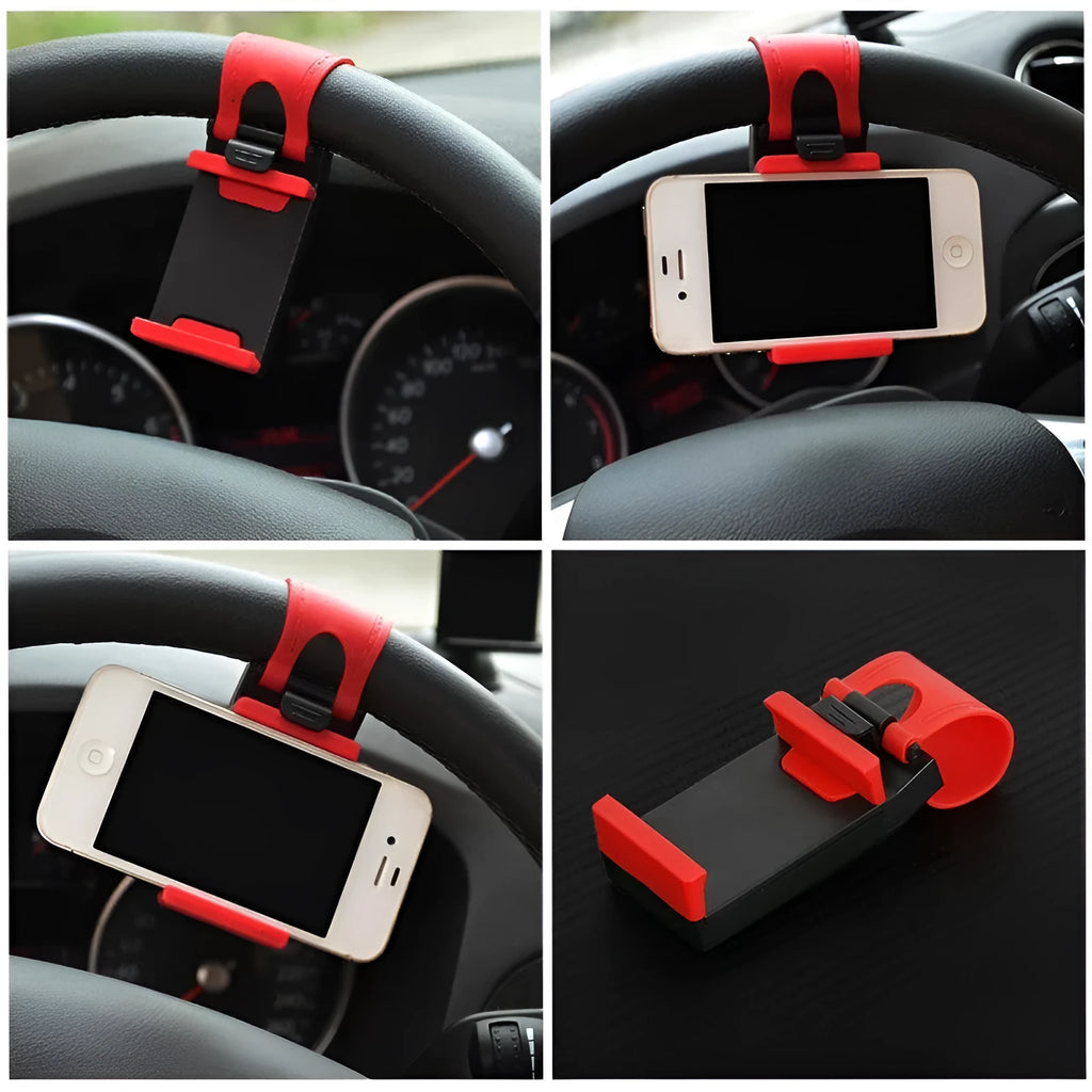 Black car steering wheel phone mount holder with adjustable bracket for smartphones