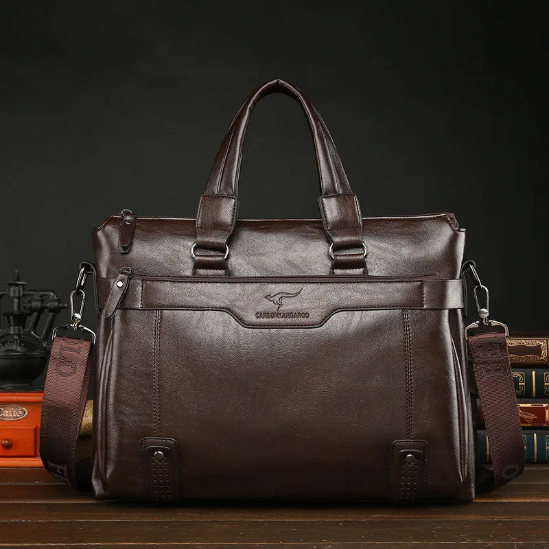 Men's horizontal square PU leather shoulder bag with 14-inch laptop compartment, in black, brown, and khaki
