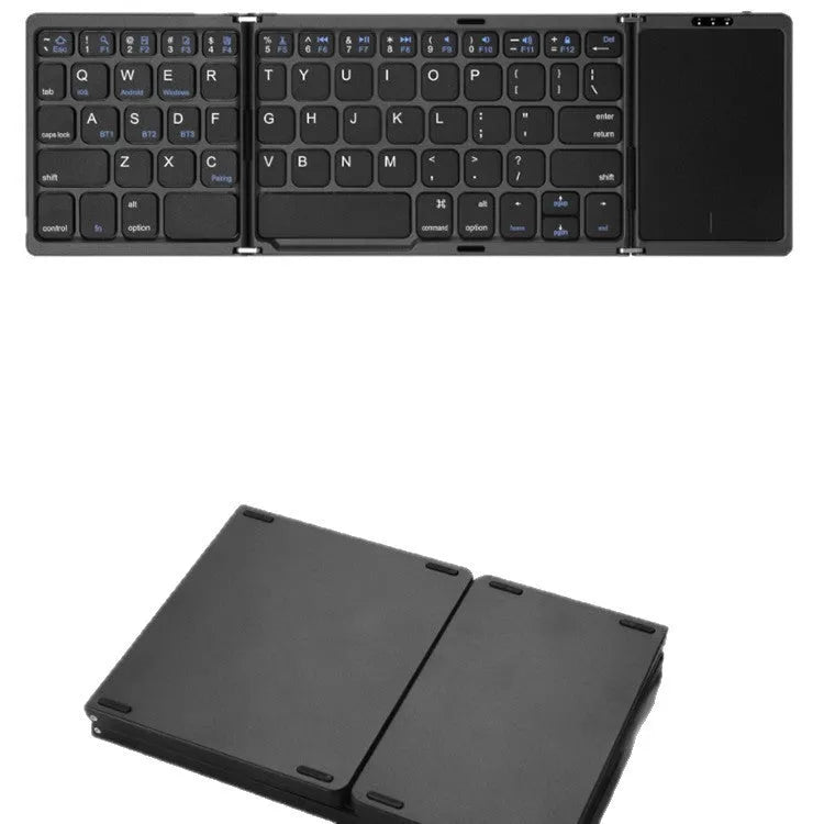 Three folding wireless Bluetooth keyboard with touch pad unfolded, black colour
