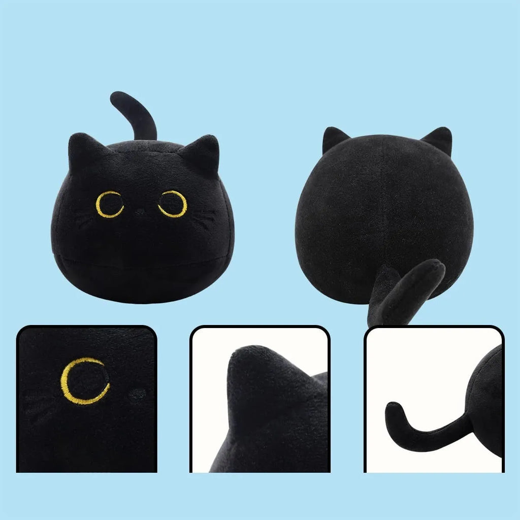 Black cat plush toy with fluffy fur and cushion design for napping