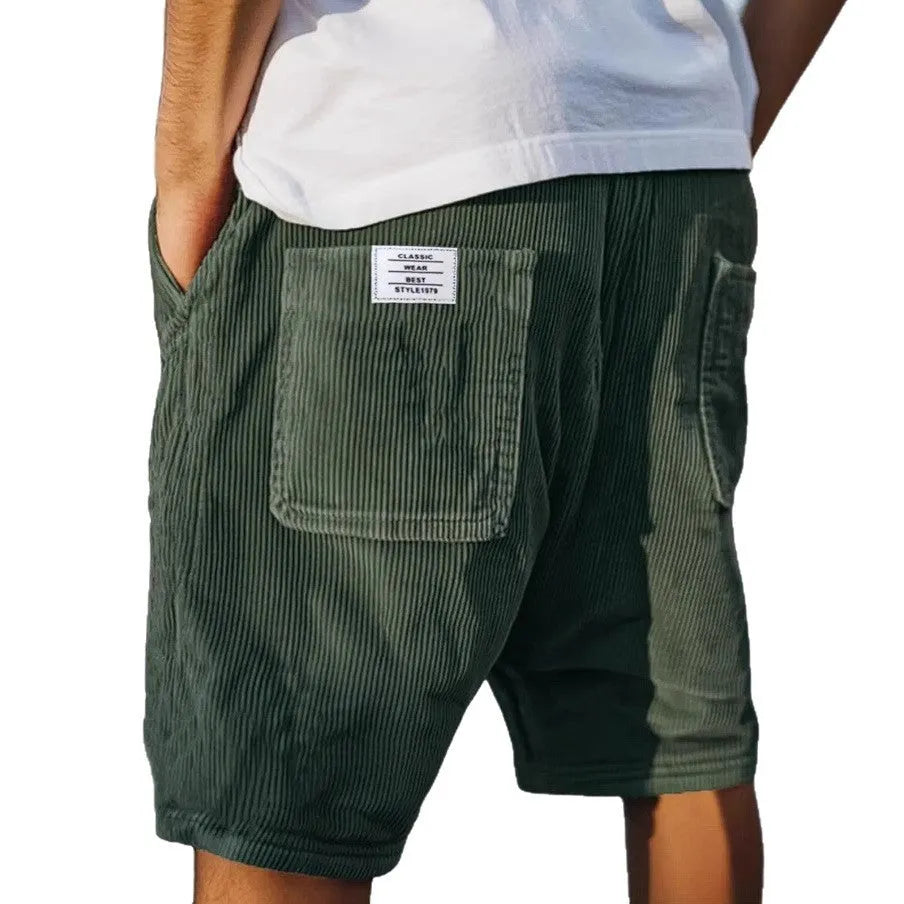 Men's gray corduroy shorts with multiple pockets and embroidery detail on straight-leg summer design
