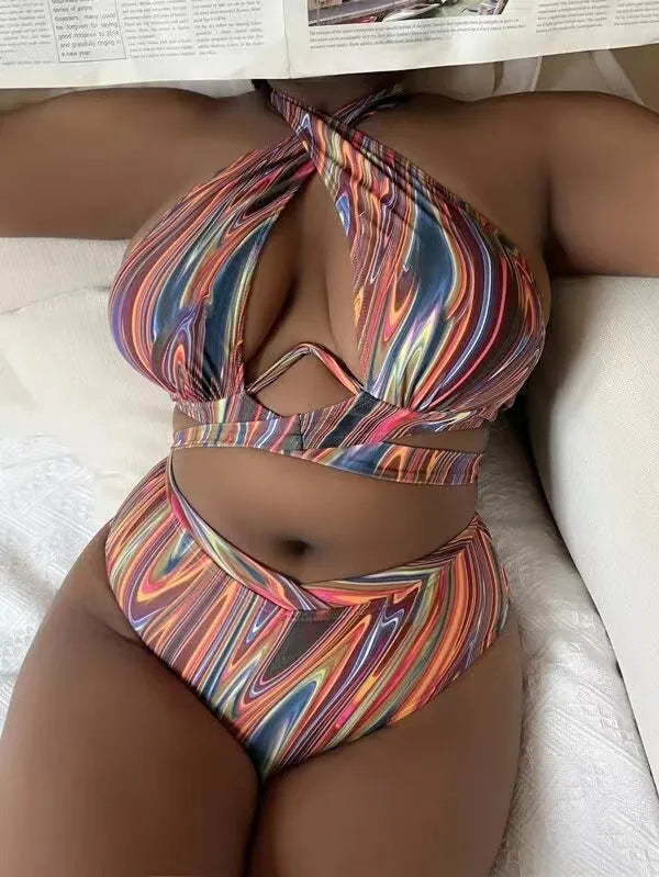 Women's high waist split floral bikini swimsuit in polyester with matching top and pants