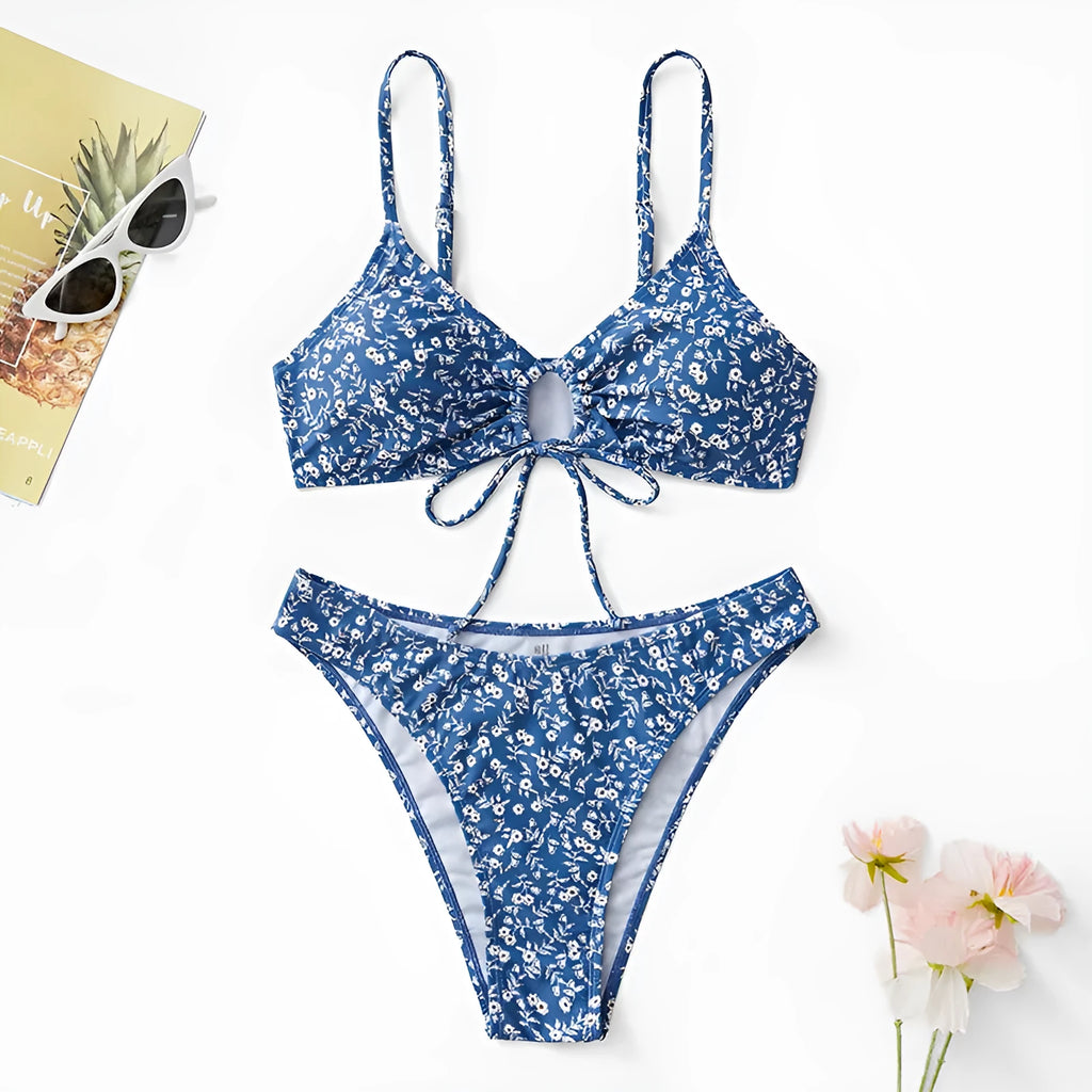 Blue polyester swimsuit three-piece set without underwire showing top and shorts
