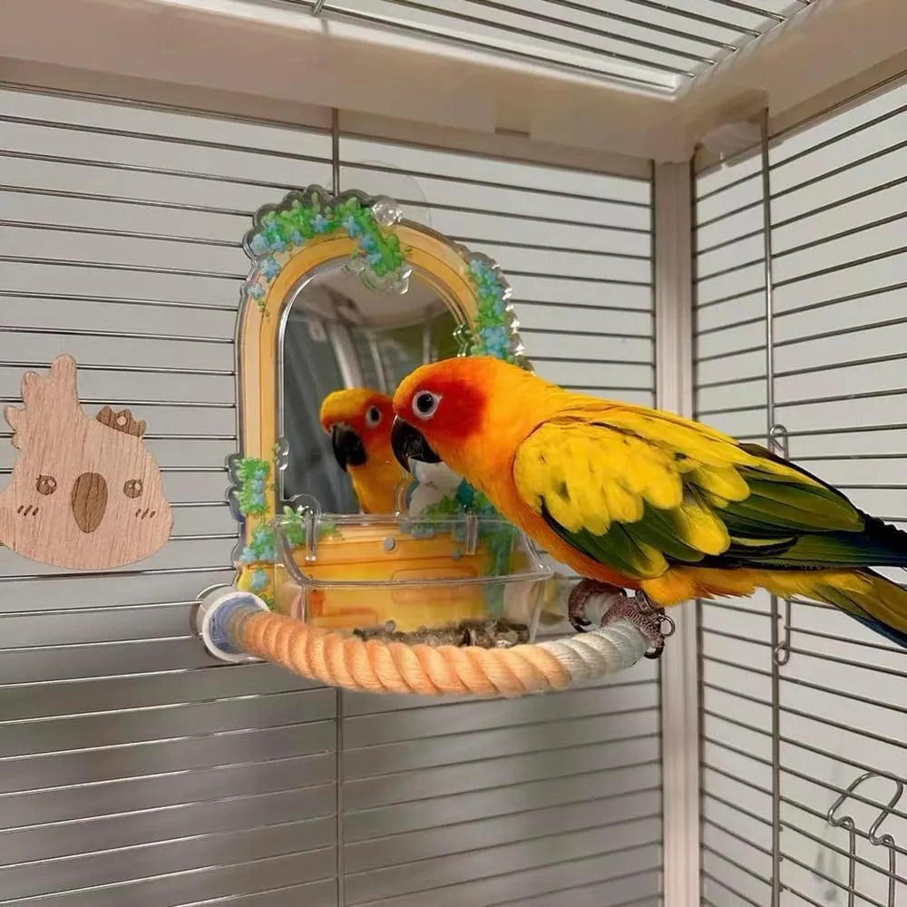 Gradient colour bird rope perch with U-shape and circular swing on a cage