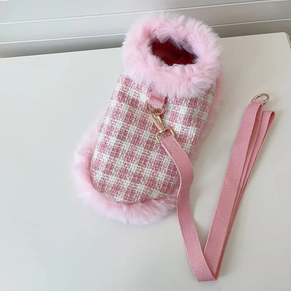 Pink polyester cat costume with beret and cape, adjustable with drawstring, available in XS S M L XL sizes