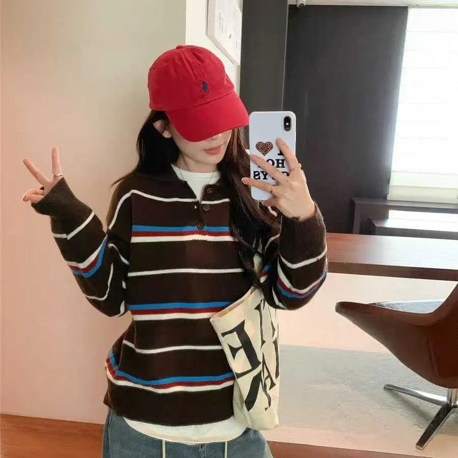 Yellow striped loose sweater for women with long sleeves, pullover design, polyester fabric