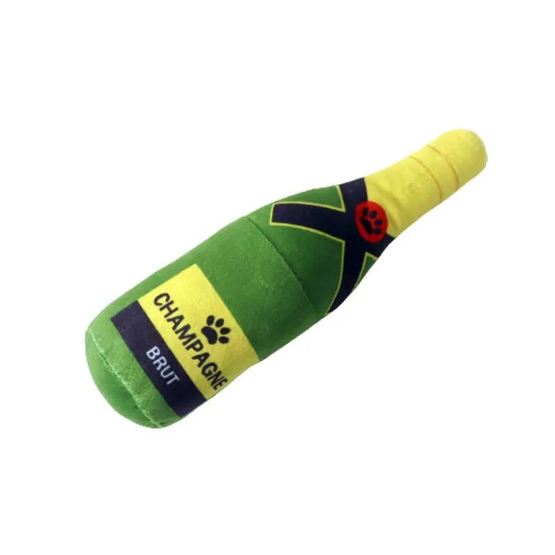 Plush wine bottle pet toy in assorted colours including green, orange, red, black and white.