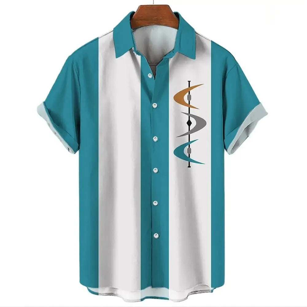 Men's stripe pattern Hawaiian shirt with short sleeves and elastic band construction