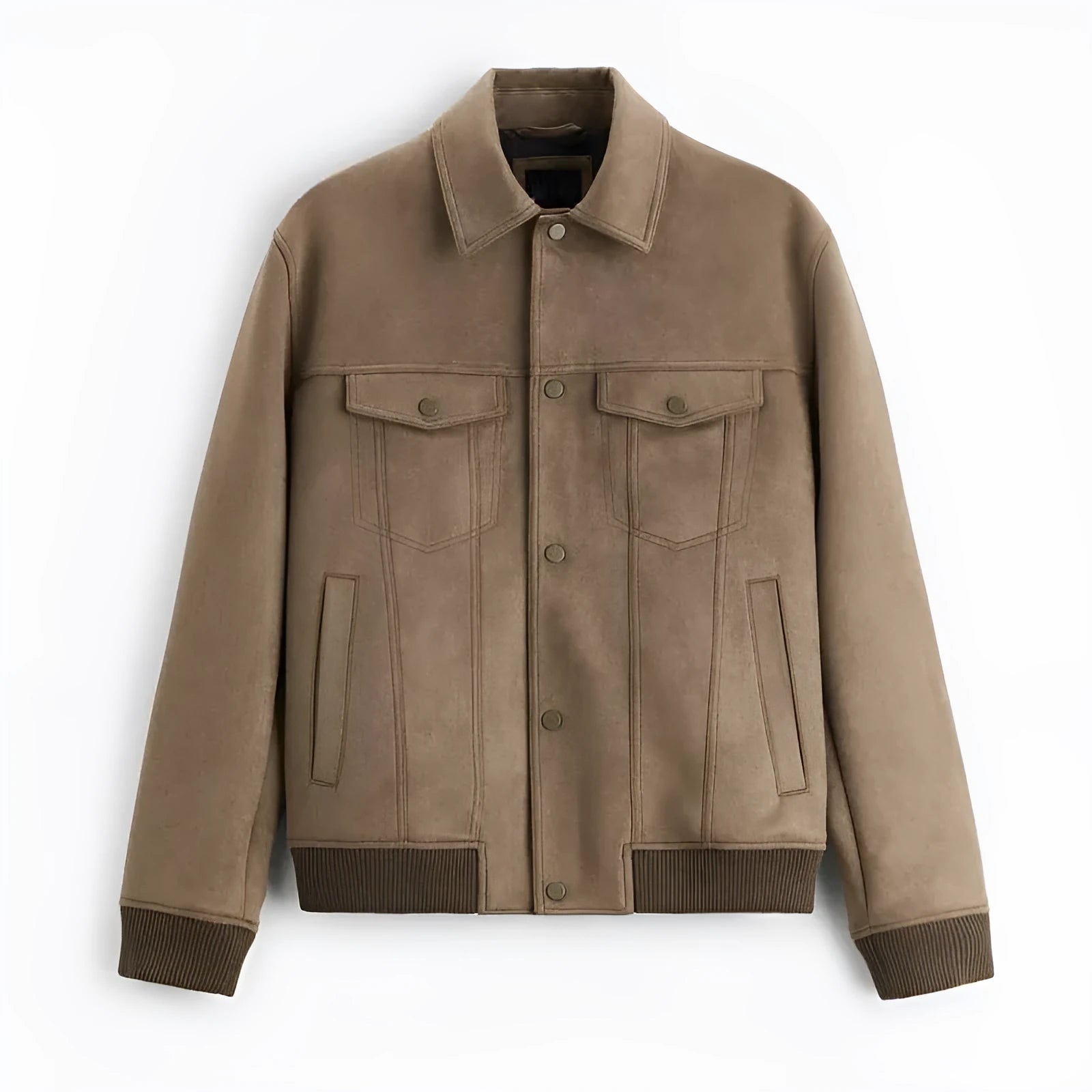 British style suede velvet commuter jacket in light grey or mink colour with long sleeves.