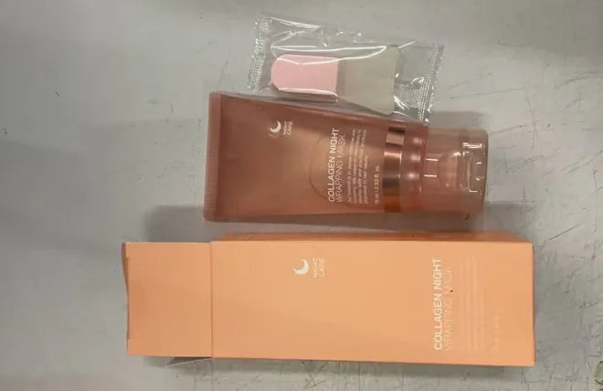 75ml bottle of collagen night face mask with an application brush on a white background.