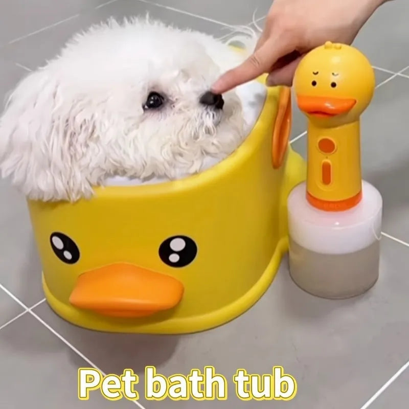 Blue PVC duck-shaped bath tub for washing small dogs and cats at home without electricity
