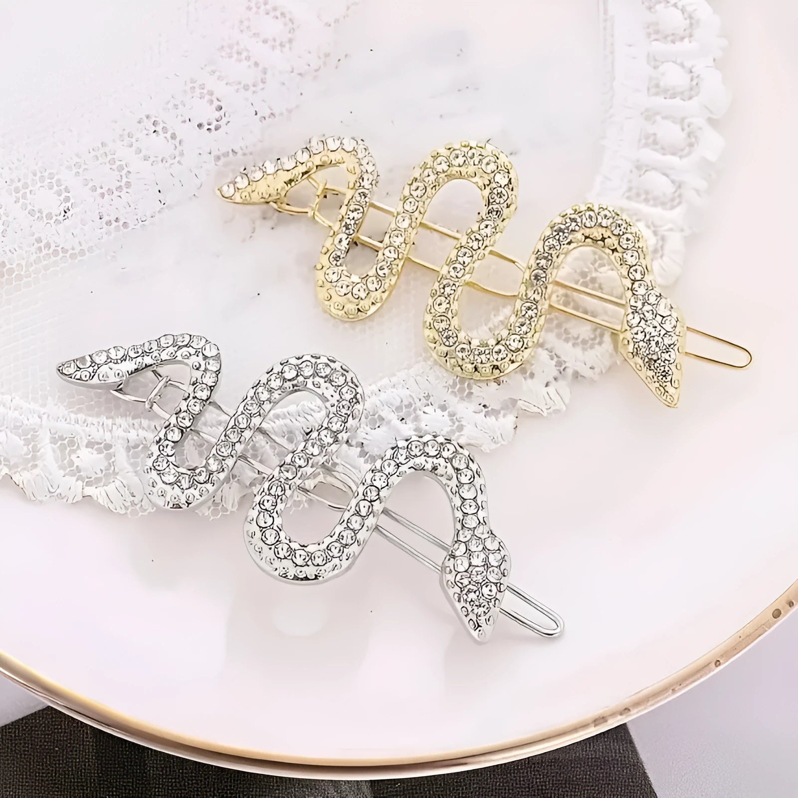 Vintage Korean-style snake design hair clip with rhinestones in gold or silver electroplated finish