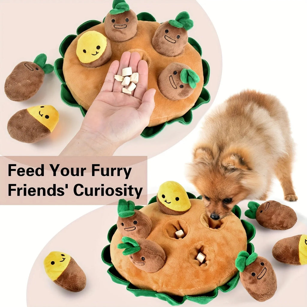 Yellow interactive dog puzzle toys with sniffing pads, feeding mats, and removable squeaky plush toys
