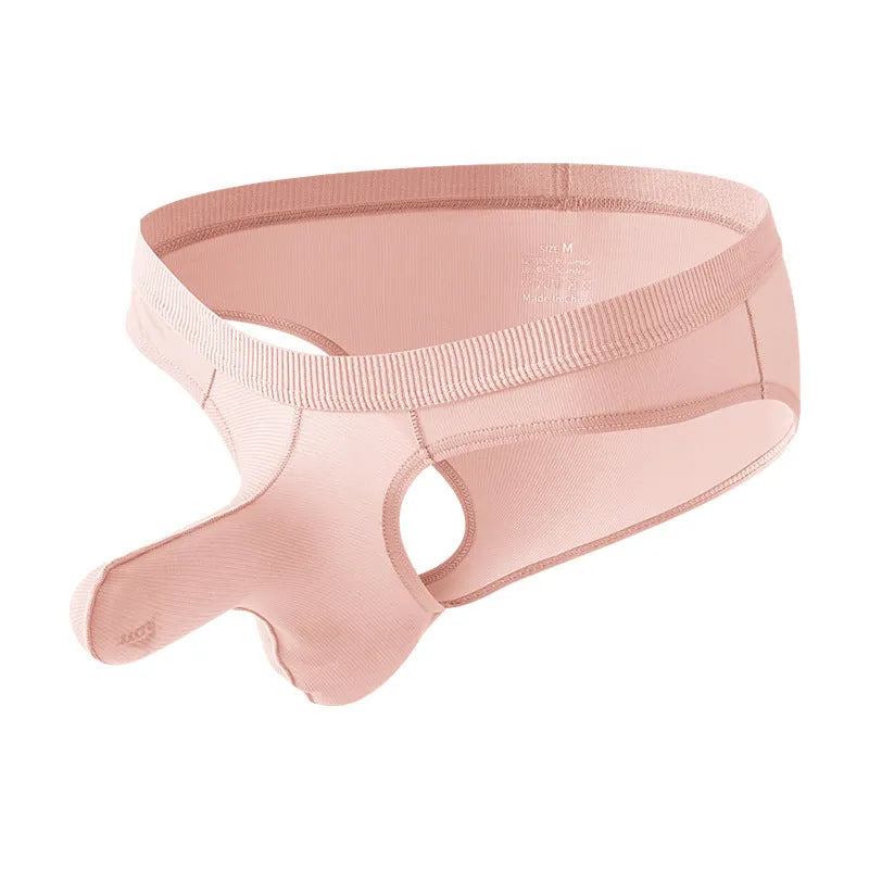Men's low waist briefs underwear in Ice Silk fabric on a colour swatch showing black, grey, purple blue, light green, and pink.