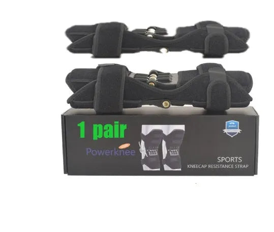 Adjustable spring knee brace patella booster in black colour with breathable fabric and venting holes