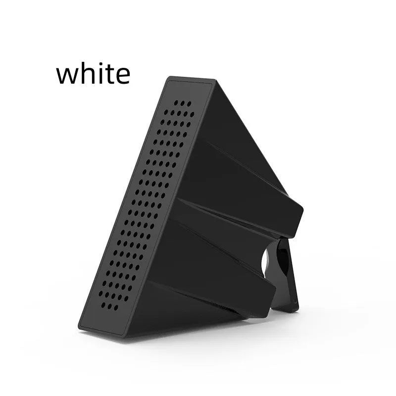 Portable black ABS mobile phone amplifier bracket holding an iPhone on a desk.