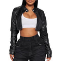 Women's cropped biker-style leather jacket in black with zipper details, slim fit, ultra-short length
