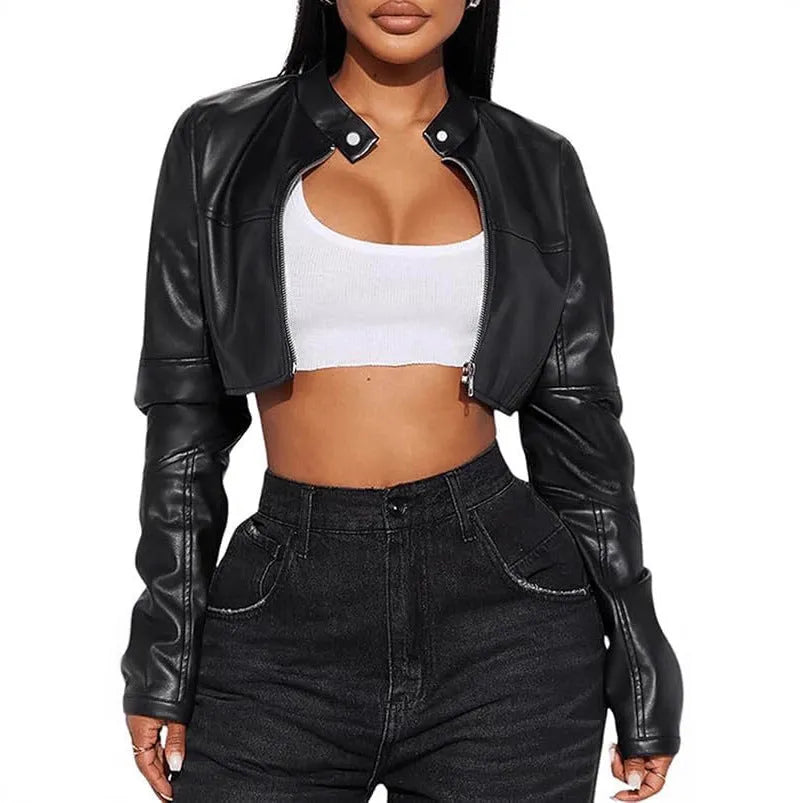 Women's cropped biker-style leather jacket in black with zipper details, slim fit, ultra-short length