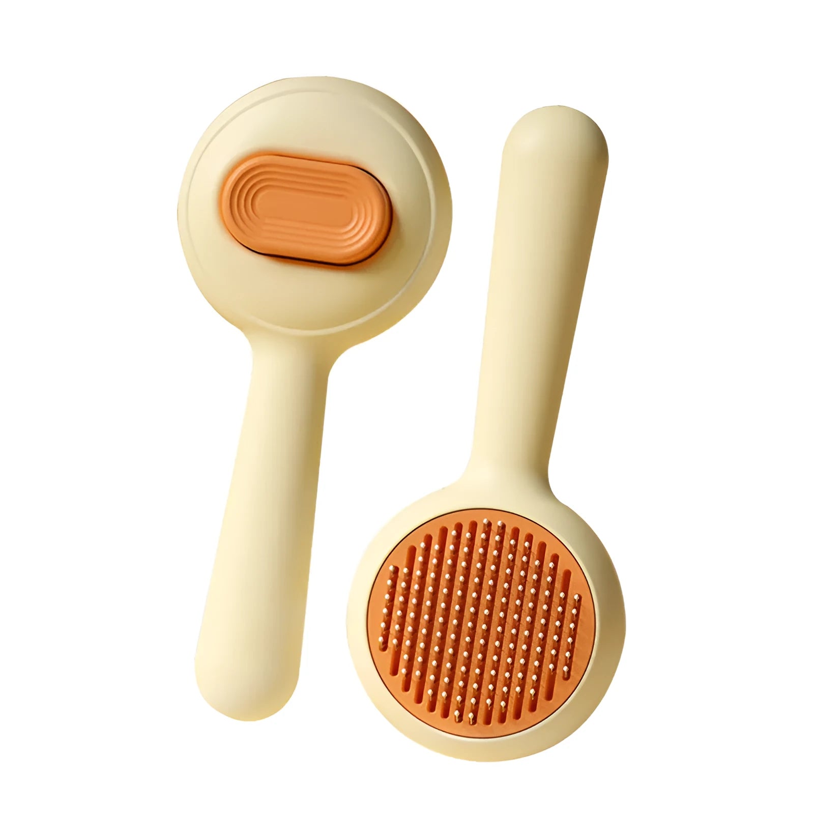 Cat grooming brush with stainless steel comb teeth and non-slip green or yellow handle
