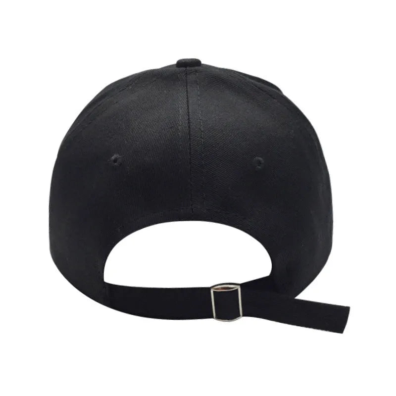 Black cotton satin weave baseball cap with embroidered alien head and green label