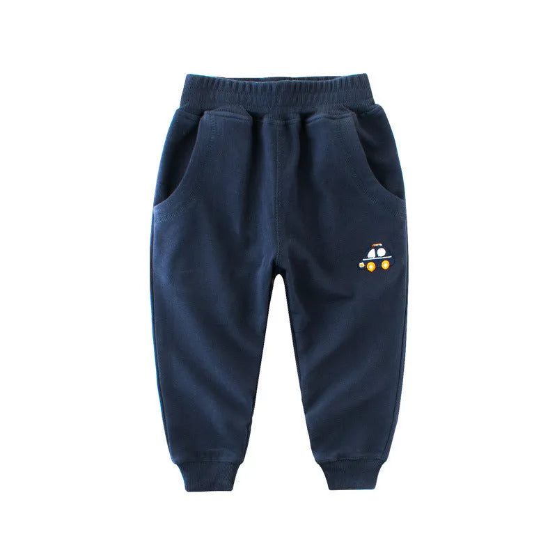 Boys Korean style sports sweatpants with cartoon pattern, soft treated fabric, available in blue green grey navy blue