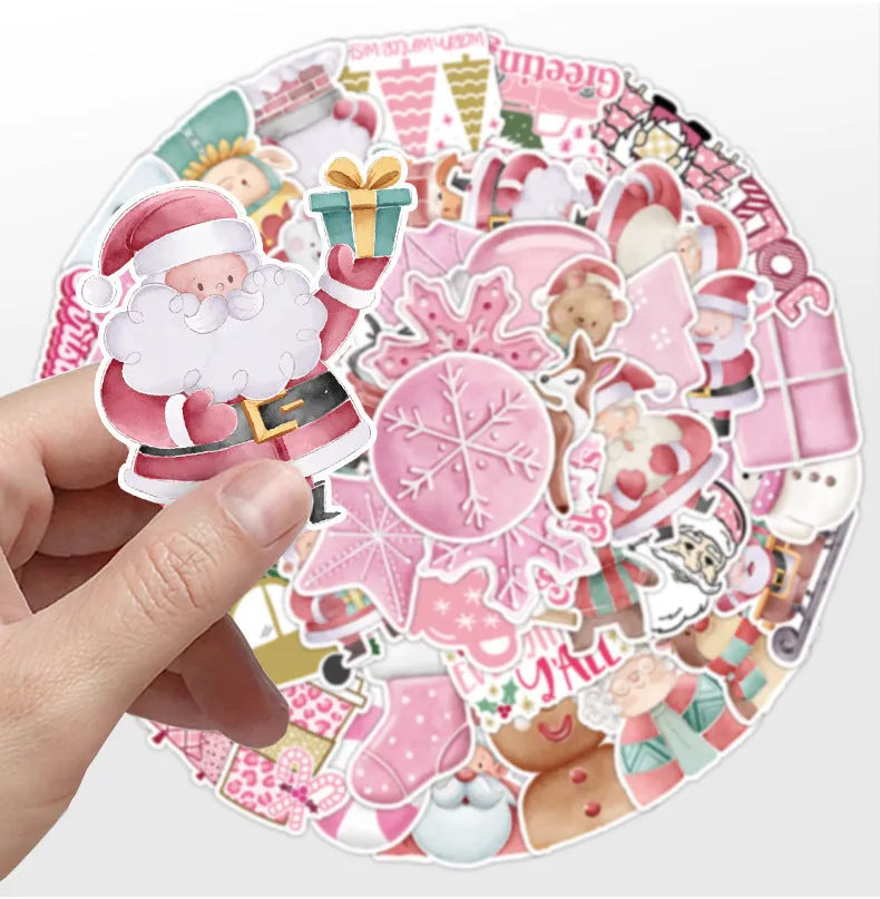 Pack of 50 cute Christmas-themed waterproof stickers in sizes from 4cm to 8cm.