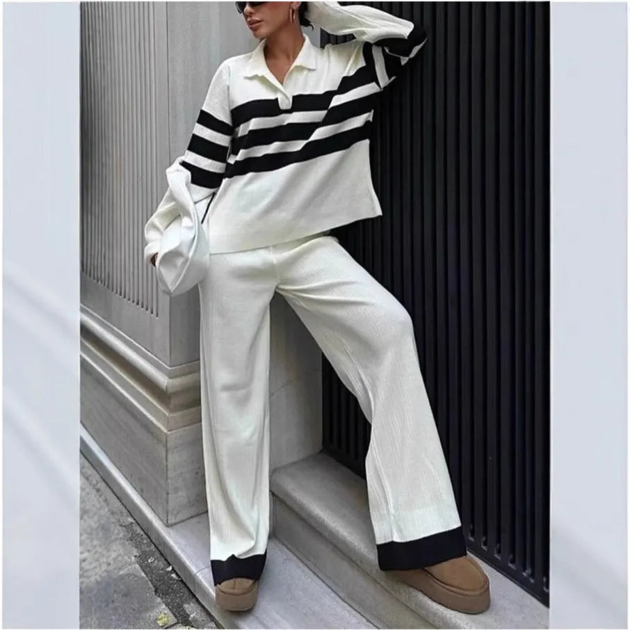 Women's black and white striped polo collar knitted two-piece set with matching trousers