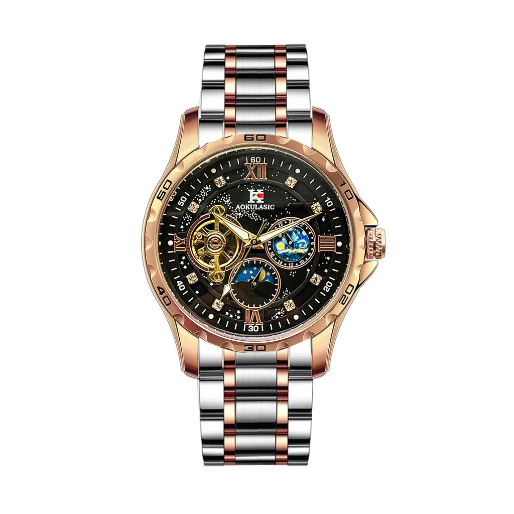 Men's rose gold automatic mechanical chronograph watch with black dial
