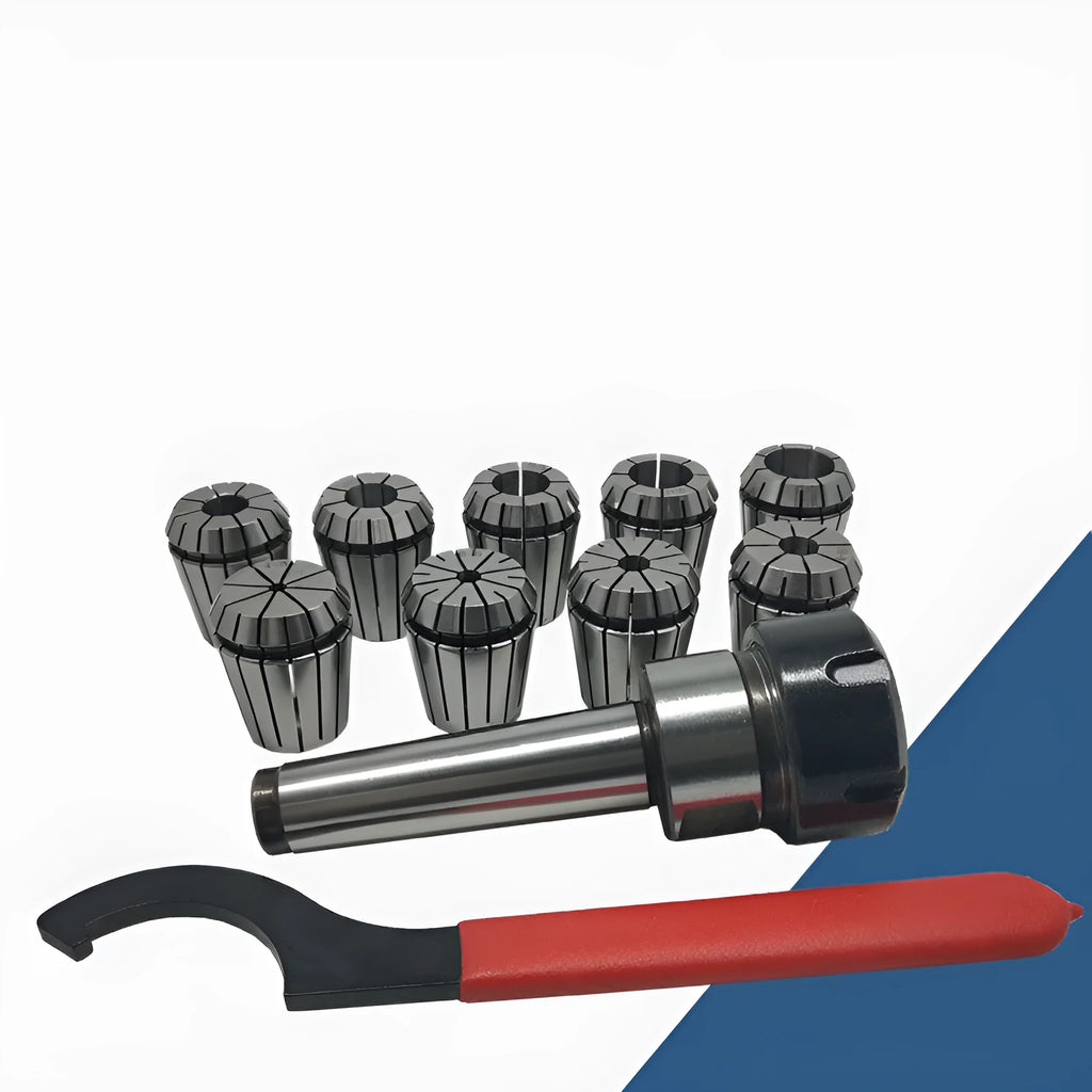 ER32 collet set with coated 40 chrome steel collets, Morse taper arbor, and wrench for milling machines
