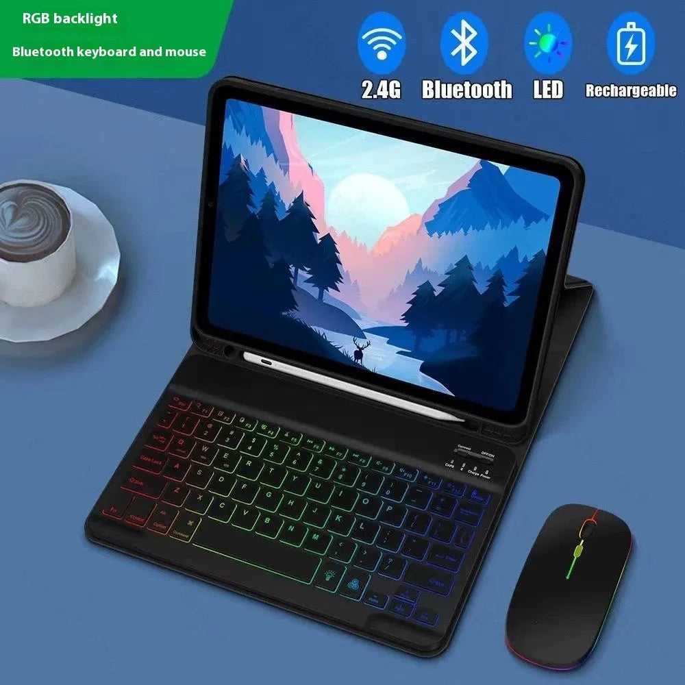 iPad in a colourful TPU leather case with a built-in luminous RGB backlit Bluetooth keyboard and stand open.