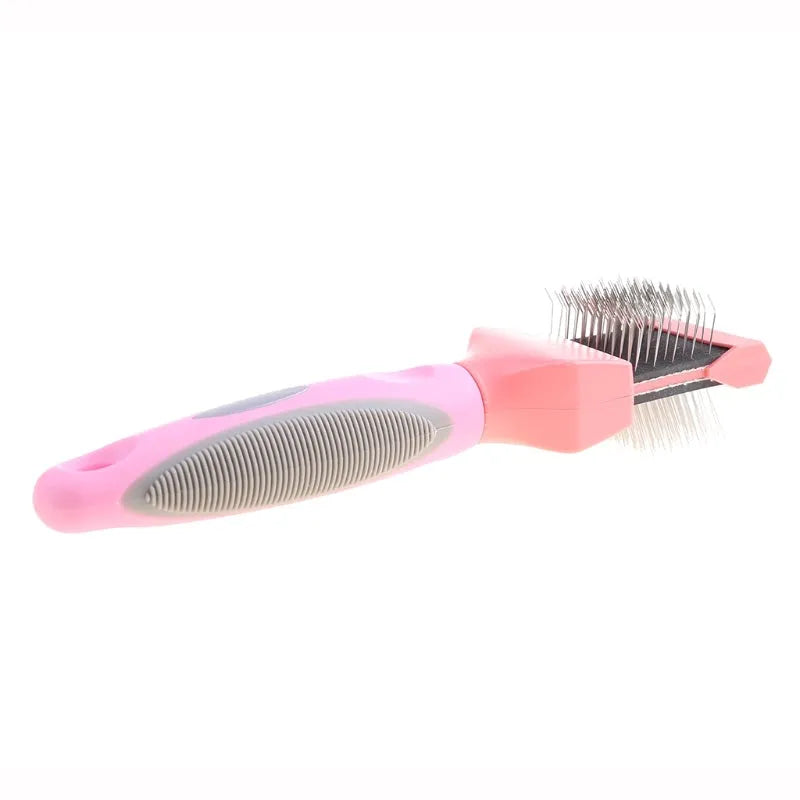 Double-sided pet brush with stainless steel pins and ABS plastic handle in blue or pink colour options