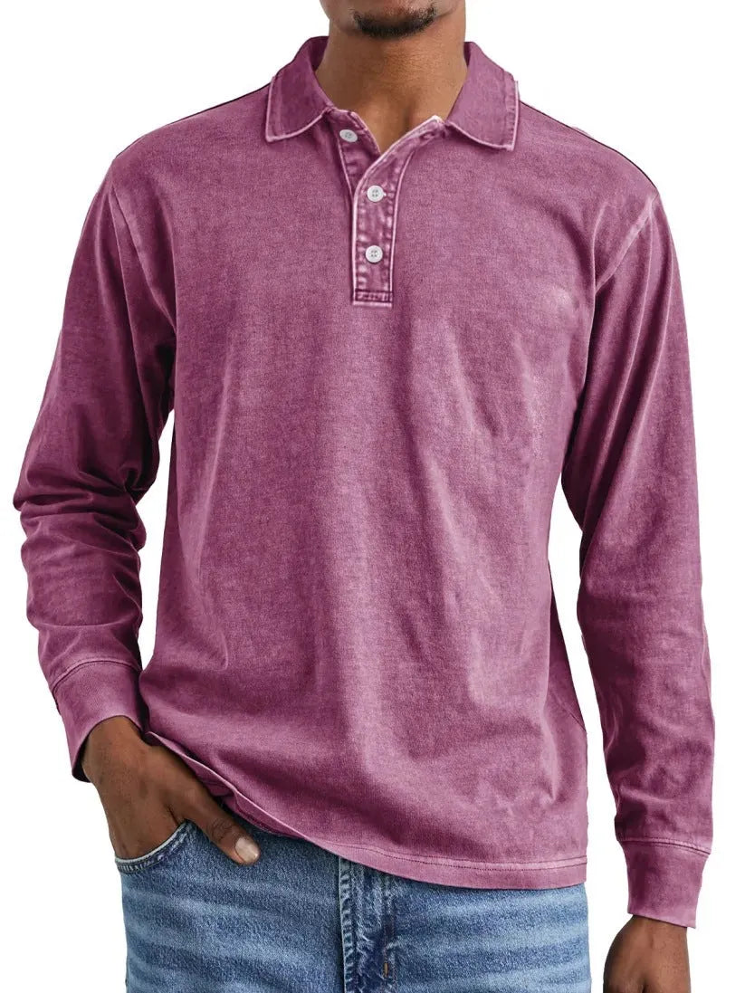 Man's retro washed cotton long sleeve polo shirt with button-up front and lapel collar in various colours.