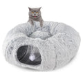 Round plush winter cat nest with attached tunnel in gray colour, foldable pet bed for indoor cats