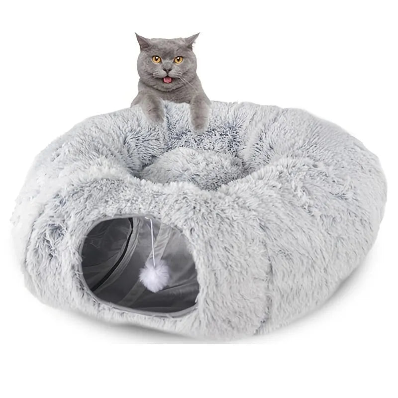 Round plush winter cat nest with attached tunnel in gray colour, foldable pet bed for indoor cats