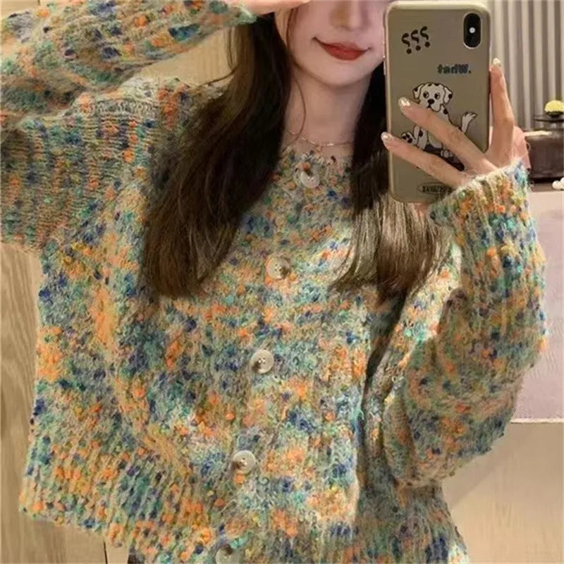Rainbow pattern knitted cardigan in acrylic fibre with slim fit and regular sleeves
