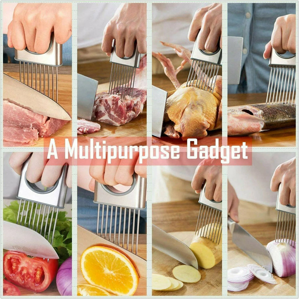 Stainless steel onion holder with ultra-sharp prongs and finger guard protector on a kitchen counter