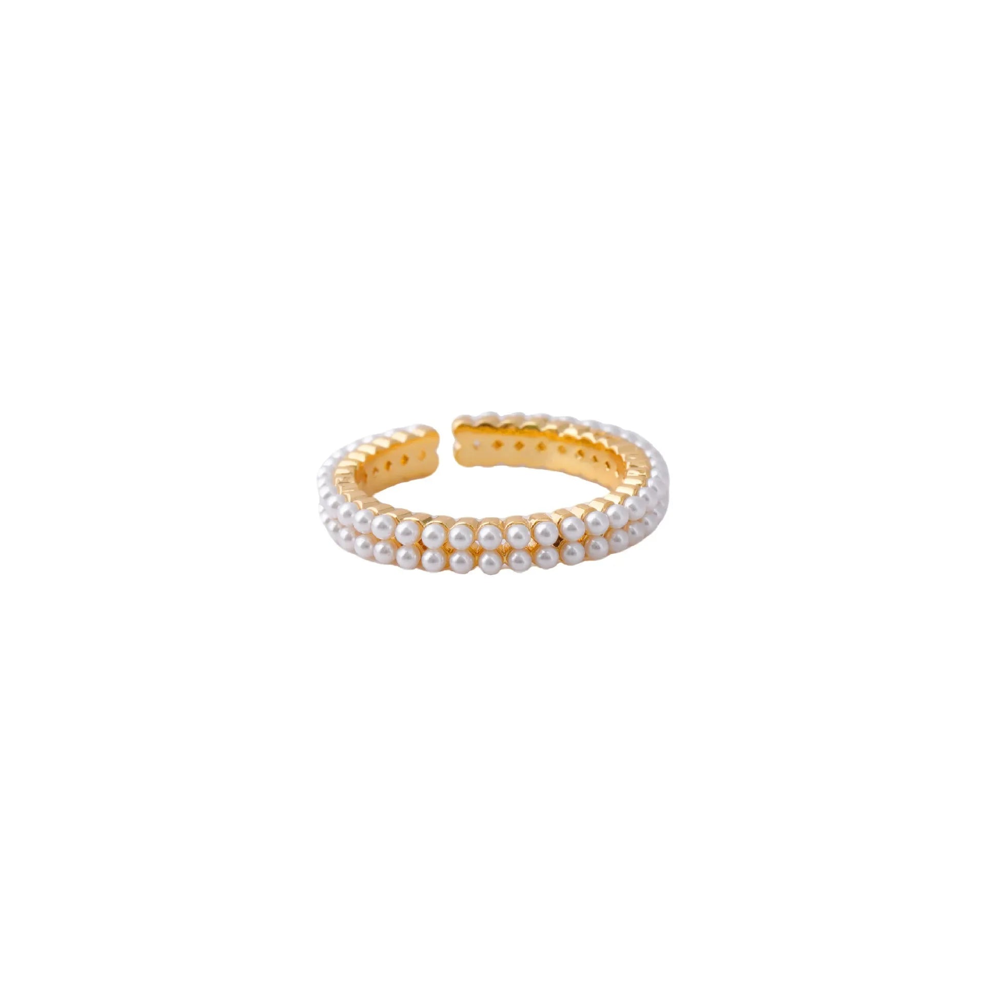 Gold electroplated open mouth geometry pearl ring for women on a neutral background.