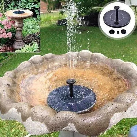 Black solar-powered floating water fountain with spray nozzles for garden bird baths and ponds