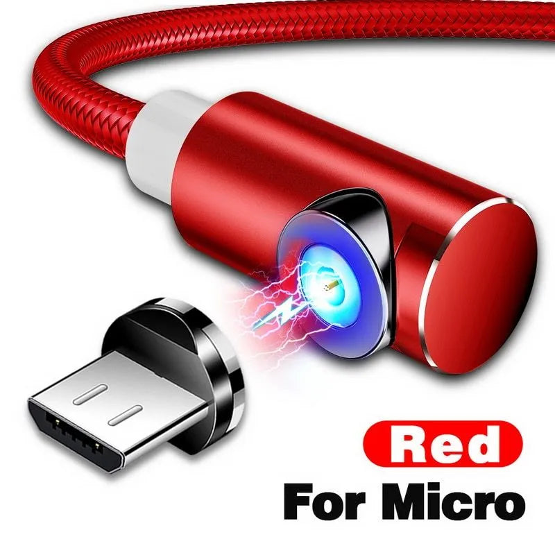 Black L-shaped magnetic charging cable with aluminium connectors for Micro USB, Lightning, and Type-C phones.