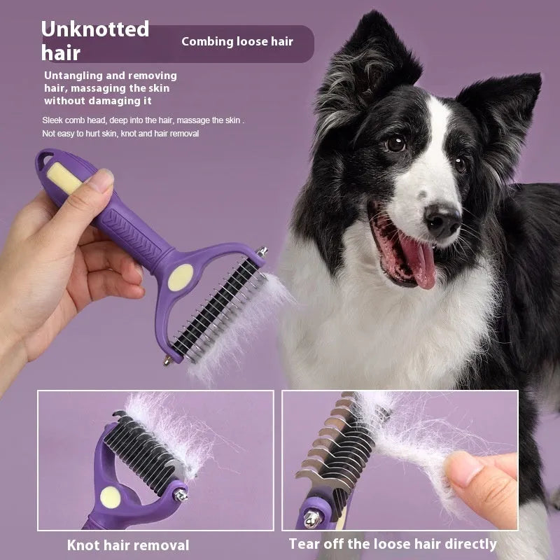 Purple plastic double-sided pet comb for untangling knots on dog and cat fur.