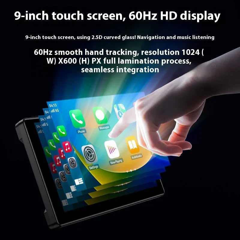 Black KM18 vehicle navigation unit with 9-inch capacitive touch screen, front and rear dual cameras, tempered glass 2.5D display