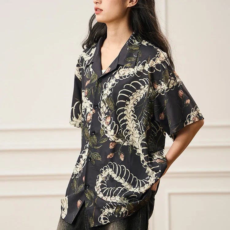 Men's snake bone pattern printed Cuban collar shirt with short sleeves and loose cardigan style