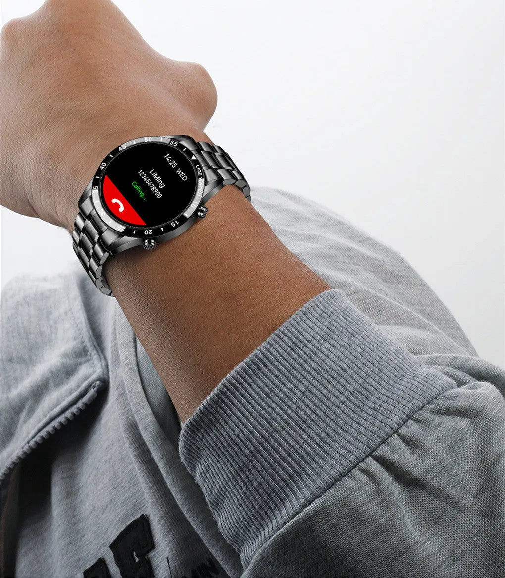 Smart watch with stainless steel band showing 1.3-inch screen display on a wrist.