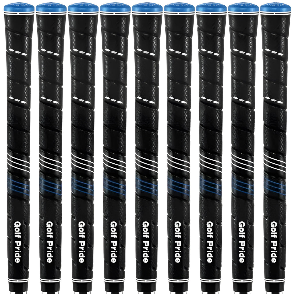 Blue midsize PU golf grip for irons and fairway woods with non-slip surface pattern