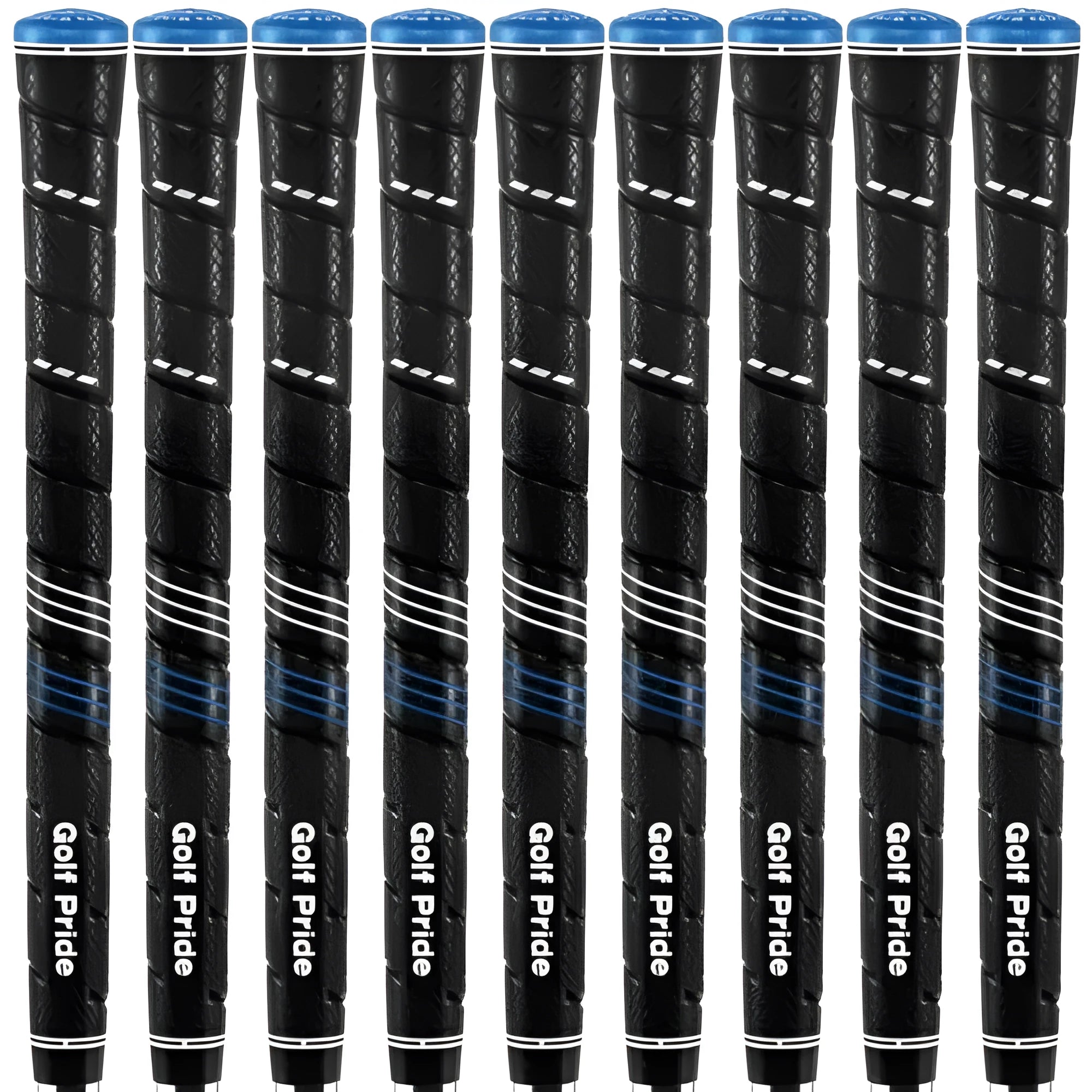 Blue midsize PU golf grip for irons and fairway woods with non-slip surface pattern