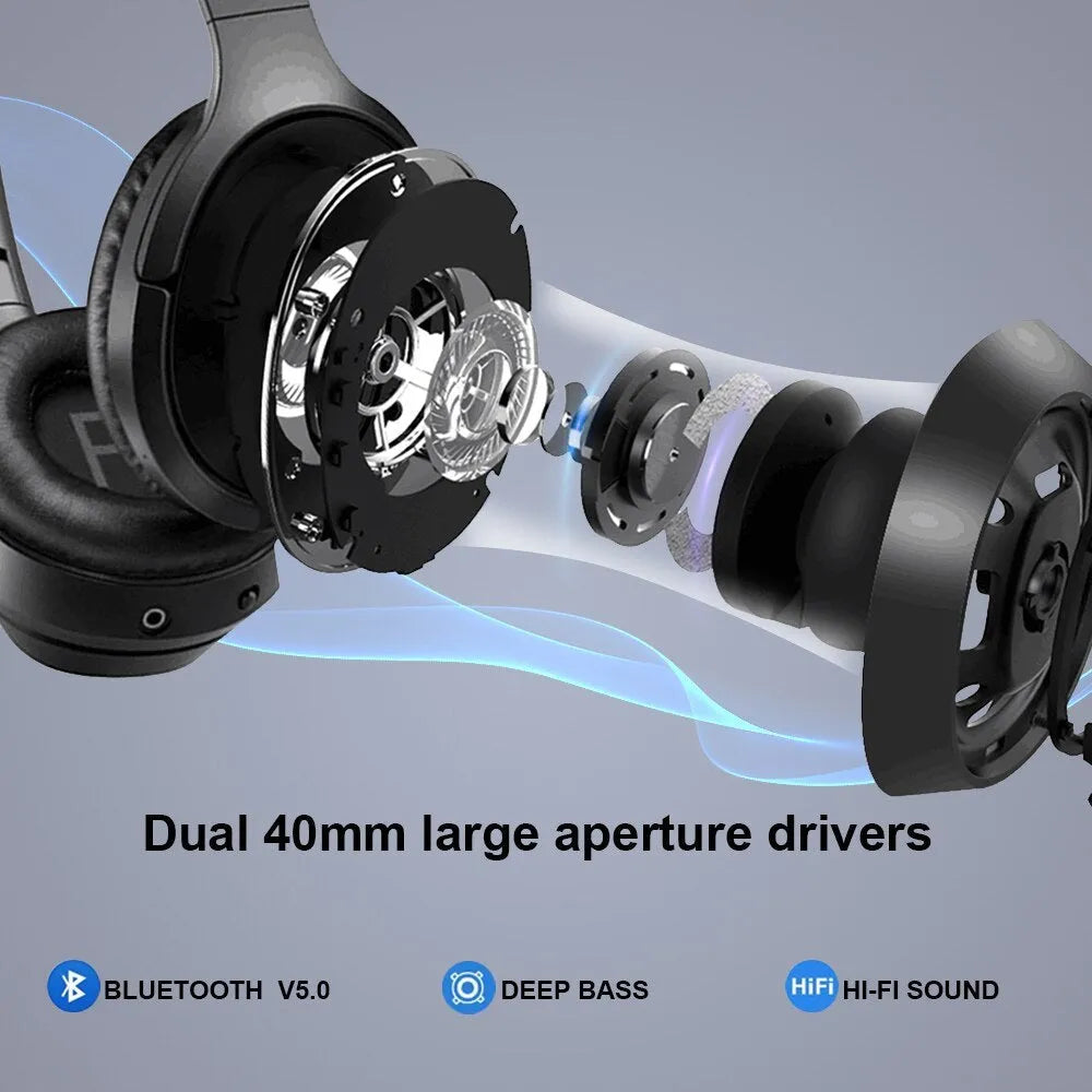 Black over-ear Bluetooth headphones with memory-protein ear cushions and stainless steel headband adjustment